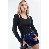 Busem Women's Ribbed U Collar Long Sleeve Blouse in Black | Size: Medium