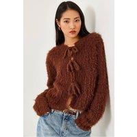 Bianco Lucci Women's Frilly Cropped Ribbed Knit Cardigan with Tie Closure in Light Brown
