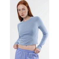 Busem Women's Slim Fit Long Sleeved Crop Top with Crew Neck in Light Blue | Size: Large