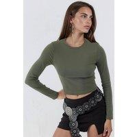 Busem Women's Slim Fit Long Sleeved Crop Top with Crew Neck in Khaki | Size: Small