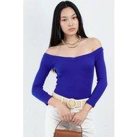 Busem Women's Slim Fit Ribbed Crop Blouse in Bright Blue | Size: Medium