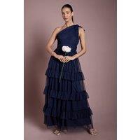 Oasis Women's Navy Pleated Mesh One Shoulder Tiered Maxi Bridesmaid Maxi Dress | Size: 10