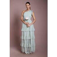 Oasis Women's Sage Pleated Mesh One Shoulder Tiered Maxi Bridesmaid Maxi Dress | Size: 10
