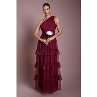 Oasis Women's Wine Pleated Mesh One Shoulder Tiered Maxi Bridesmaid Maxi Dress | Size: 14