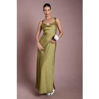 Oasis Women's Olive Cross Shoulder Tie Back Satin Maxi Bridesmaid Dress | Size: 16