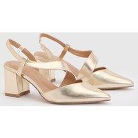 Wallis Women's Wide Fit Eve Asymmetric Strap Block Heel Pointed Comfort Sock Court Shoes in Gold | Size: 4