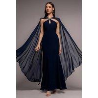 Goddiva Women's Multiway Cape Chiffon With Embellished Trim Maxi Dress in Navy | Size: 10