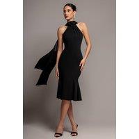 Goddiva Women's Scuba & Velvet Satin Halterneck Midi Dress With Back Sash in Black | Size: 16