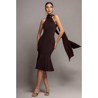 Goddiva Women's Scuba & Velvet Satin Halterneck Midi Dress With Back Sash in Brown | Size: 10