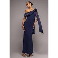Goddiva Women's One Shoulder Velvet Satin Bow Cape Maxi Dress in Navy | Size: 18