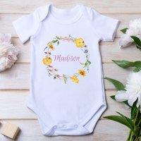 Aye Do Gifts Girl's Personalised Colourful Flowers Baby Outfit: Vest in White | Size: 0-3 m