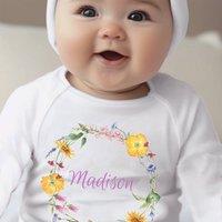 Aye Do Gifts Girl's Personalised Colourful Flowers Baby Outfit: Baby Grow in White | Size: 6-12 m