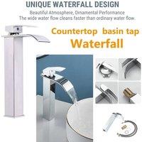 ATEK Silver Waterfall Tall Basin Mixer Tap Chrome Finish Single Lever Faucet Square Monobloc Bathroom Kitchen Sink Taps for Hot & Cold