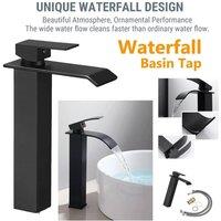 ATEK Black Waterfall Tall Basin Mixer Tap Chrome Finish Single Lever Faucet Square Monobloc Bathroom Kitchen Sink Taps for Hot & Cold