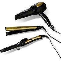 Geepas 3-in-1 Hair Dryer, Hair Straightner & Hair Curler Combo Set in Black/Gold