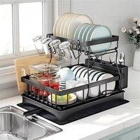 Nordara 2 Tiers Kitchen Dish Drainer Rack Cutlery Cup Chopping Board Holder in Black