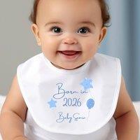 Aye Do Gifts Men's Personalised Born in 2026 Blue Balloons Baby Outfit: Bib in White