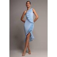 Goddiva Women's One Shoulder Pleated Fan Midi Dress in Pale Blue | Size: 12