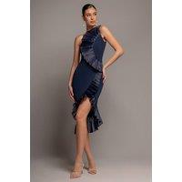 Goddiva Women's One Shoulder Pleated Fan Midi Dress in Navy | Size: 14