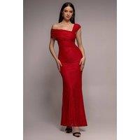 Goddiva Women's One Shoulder Pleated Bardot Lace Maxi Dress in Red | Size: 16