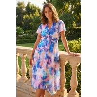 Roman Women's Petite Twist Front Dobby Print Dress in Blue | Size: 14