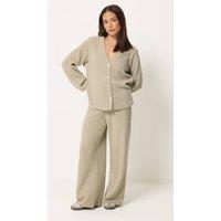 PixieGirl Women's Petite Ribbed Cardigan & Wide Leg Trousers Set in Light Green | Size: 8