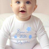 Aye Do Gifts Boy's Personalised Born in 2026 Blue Balloons Baby Outfit: Baby Grow in White | Size: Newborn