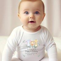 Aye Do Gifts Boy's Personalised Green Animals Birthday Baby Outfit: Baby Grow in White | Size: 6-12 m