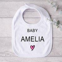 Uniqueful Personalised Baby Bib Heart New Baby Gift for Baby in White
