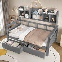 Merax 3ft Single Wooden Kids Storage Bed Frame with Bookcase & Drawers in Grey