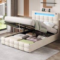Merax 4ft6 Double Velvet Upholstered Ottoman Bed with LED & Charging Station in Beige