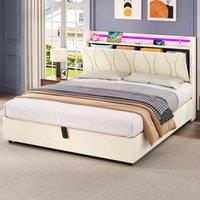 Merax 4ft6 Double Linen Hydraulic Storage Bed with LED in Beige