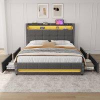 Merax 4ft6 Double Upholstered Bed with 4 Drawers, LED, Charging Station in Grey