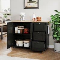 Merax 135cm Rolling Kitchen Island Trolley with Foldable Worktop & 3 Drawers in Black