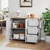 Merax 135cm Rolling Kitchen Island Trolley with Foldable Worktop & 3 Drawers in Grey