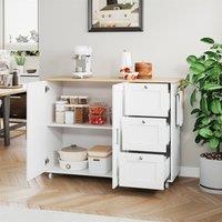 Merax 135cm Rolling Kitchen Island Trolley with Foldable Worktop & 3 Drawers in White