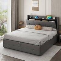 Merax Grey PU Leather Upholstered Ottoman Bed with LED & Storage Headboard | Size: King