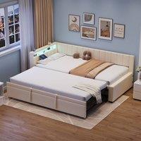 Merax 3ft Single Upholstered Daybed Sofa Bed with Pull Out Trundle, LED in Beige