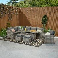 Furniture Maxi Rosen 9 Seater Rattan Garden Furniture Corner Sofa Fire Pit Set in Grey
