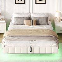 Merax 4ft6 Double Floating Upholstered Bed Frame with Hydraulic Storage in Beige