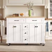 Merax Kitchen Island Trolley with Cabinet, Foldable Countertop & 5 Drawers in White