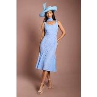 Coast Women's Lisa Tan Scarf Detail Lace Midi Dress With Godets in Blue | Size: 18
