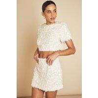 MissPap Women's Textured Fluffy Sequin Mix Crop Top in Cream | Size: 12