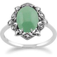Gemondo Women's Art Nouveau Style Oval Green Jade Cabochon & Marcasite Statement Ring in 925 Sterling Silver | Size: K
