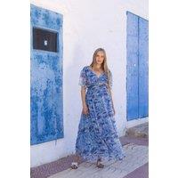 South Beach Women's Printed Metallic Chiffon Button Detail Maxi Dress in Blue | Size: 14
