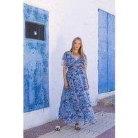 South Beach Women's Printed Metallic Chiffon Button Detail Maxi Dress in Blue | Size: 8