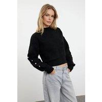 WOVCOR Women's Soft Textured Knit Sweater With Button Detailing in Black | Size: Large