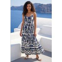 Roman Women's Petite Print Strappy Button Midi Dress in Navy | Size: 14