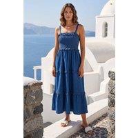 Roman Women's Petite Shirred Tiered Dress in Indigo | Size: 14