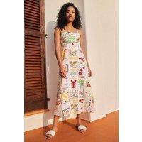 Roman Women's Postcard Print Strappy Ric Rac Midi Dress in Ivory | Size: 18